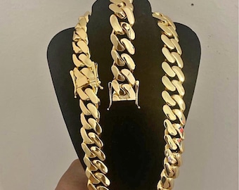 Miami kubansk länk guldpläterad halskedja och armband set 22 mm - 9 tum och 22 mm - 26 tum