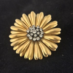 Vintage Gold Tone Large Layered Flower Pin Brooch with imitation crystals center