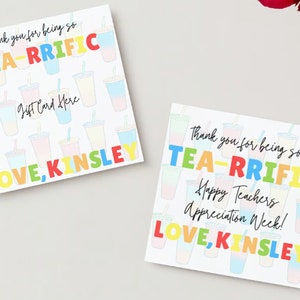 Lot de 2 cartes-cadeau glacées Boba thé avec étiquette d'appréciation du professeur Merci