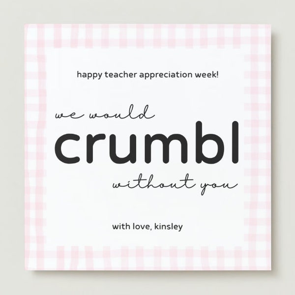 Carte d'étiquette-cadeau de biscuits Crumbl d'appréciation d'enseignant d'école Modèle canva personnalisable et modifiable