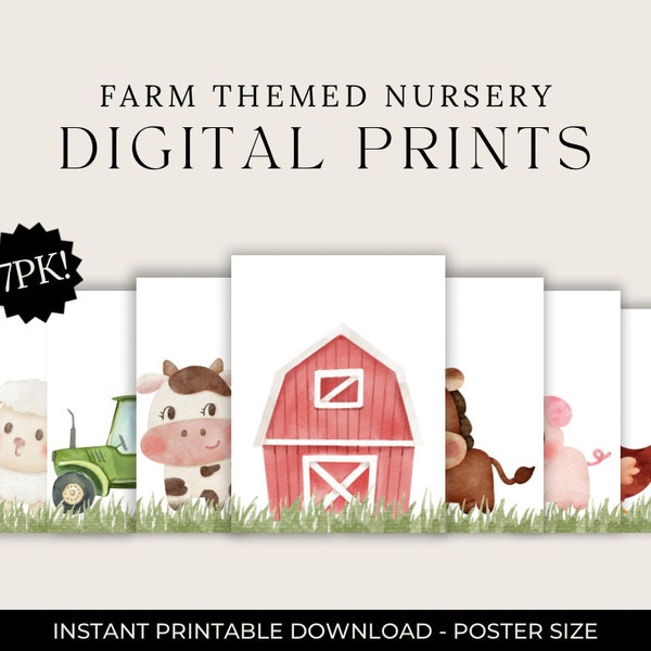 7 Pieces Farm Animal Nursery Digital Prints Wall Hanging Watercolor Barn Simple Printable File