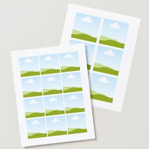 May include: A sheet of printable stickers with a repeating pattern of green hills, blue sky, and white clouds.