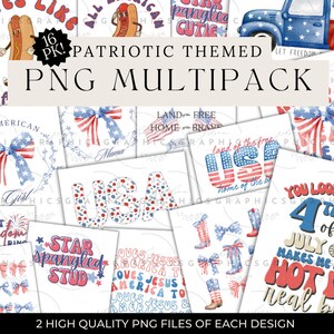 American Themed PNG Digital Download 16 Piece Multipack, USA Patriotic Memorial Day Fourth of July America Red White Blue Flag, Sublimation