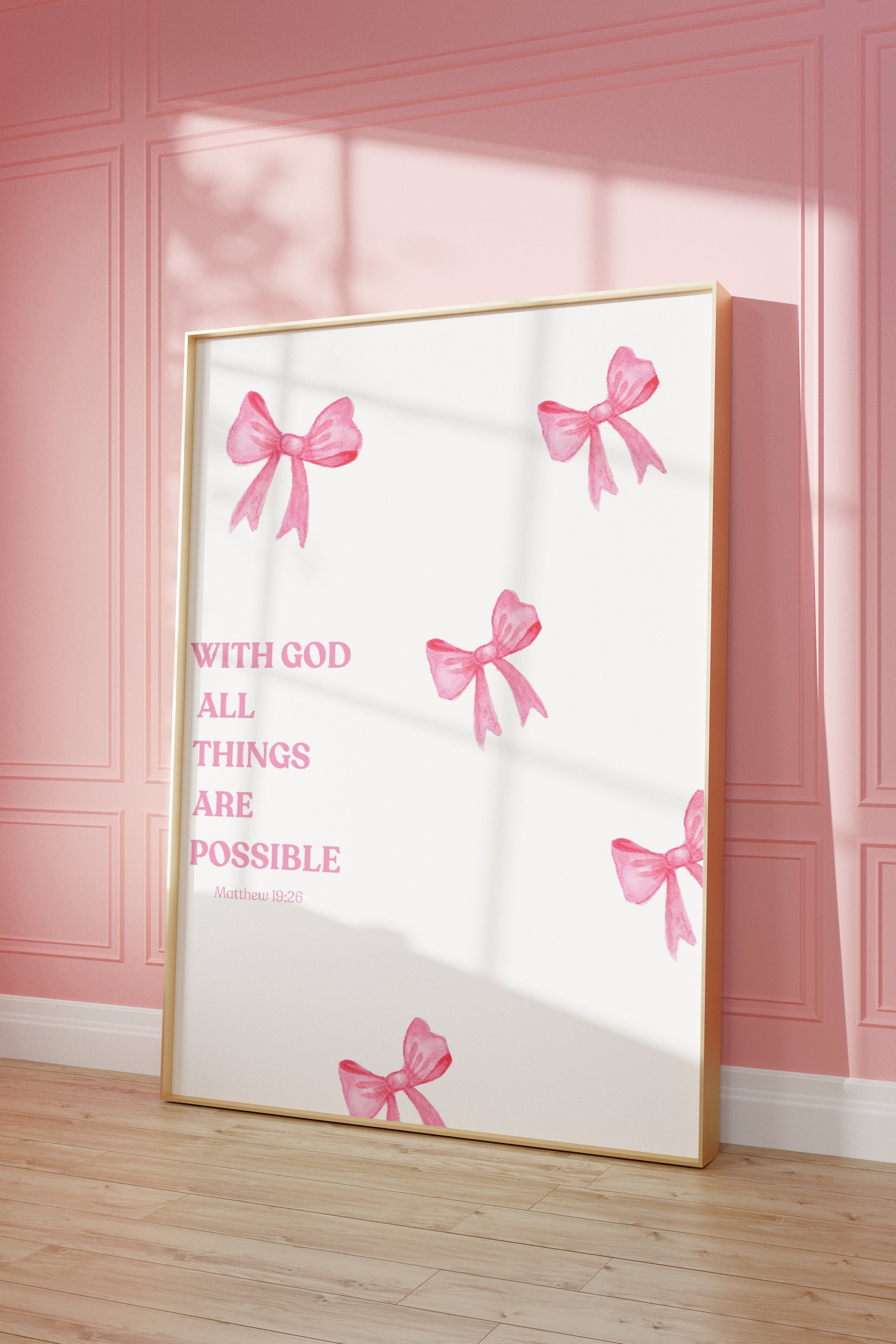 Póster de fe: Lazos rosas, cita bíblica (descarga digital). Póster de cristianismo para pared de dormitorio.