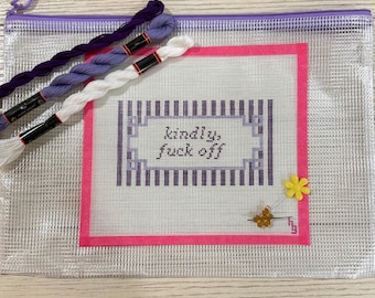Beginner Needlepoint Kit, Handpainted Canvas, Funny Sarcastic Quote - Kindly F Off