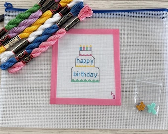 Birthday Cake Heirloom Needlepoint Kit - Handpainted Beginner Complete Set - All Supplies Included - 18 mesh Canvas