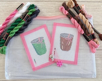Coffee/Matcha Needlepoint Kit - Handpainted Beginner Complete Set - All Supplies Included - 18 mesh Canvas