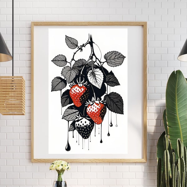 Strawberries Art Print, Fruit Wall Art, Strawberry Vine Posters, Minimalist Home Decor, Modern Kitchen Decor, Digital Download