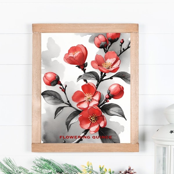 Flowering Quince Art Print, Botanical Wall Art, Floral Home Decor, Digital Download, Birthday Gifts, Red Flower Art, Printable Botanical Art