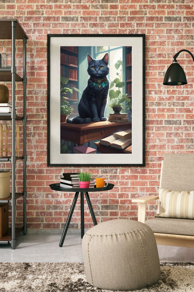 Black Cat, Library, Books, Art Print, Painting, Gifts for Cat Lovers ...