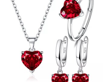 Ensemble en argent sterling 925, composé de boucles d'oreilles, d'une chaîne et d'une bague en forme de cœur Swarovski rouge. Cadeau pour elle, anniversaire, fête des mères