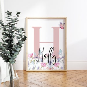 Personalised Girl Name Print Custom Floral Initial Print For Baby Girl Wildflower Wall Print For Girl Nursery Name Print For New Baby Gift