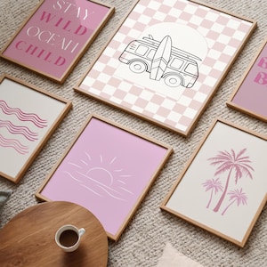 Pink Coastal Wall Art Set For Girls Room Beach Prints For Teen Room Retro Beach Prints For Coastal Nursery Surf Wall Art For Kids Room