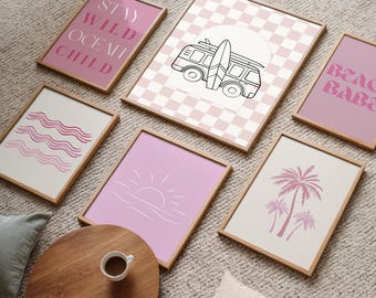 Pink Coastal Wall Art Set For Girls Room Beach Prints For Teen Room Retro Beach Prints For Coastal Nursery Surf Wall Art For Kids Room