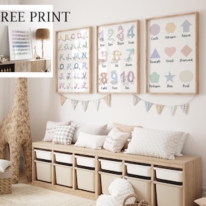 Juego de 3 carteles educativos de arte de pared para sala de juegos, póster del alfabeto para el aula, impresiones Montessori para habitación de niños, póster de números para educación en el hogar