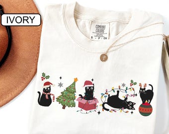 Christmas Black Cat Comfort Colors Shirt, Black Kitten Merry Christmas Tshirt, Cat Mom Xmas Family Outfit, Holiday Christmas Cat Lover Gifts