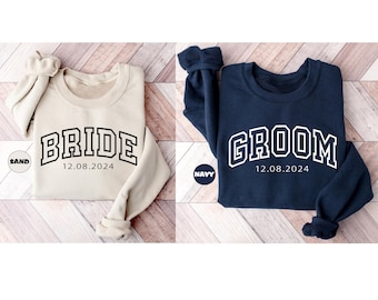 Custom Bride & Groom Sweatshirt, Personalized Engagement Hoodie, Honeymoon Matching Bride And Groom Outfit, Wedding Party Bachelorette Gifts