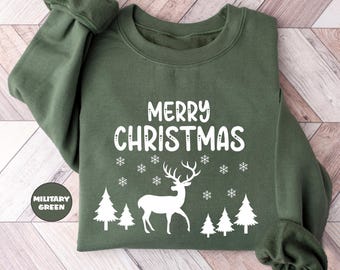Merry Christmas Sweatshirt, Christmas Tree Hoodie, Christmas Family Outfit, Xmas Reindeer Clothing, Holiday Women Sweatshirt, Gift For Xmas