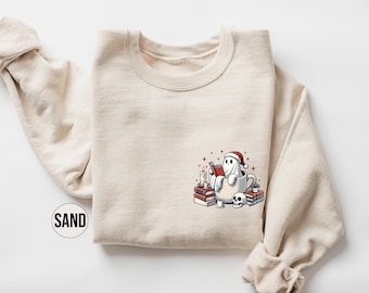 Bluza świąteczna z motywem ducha czytającego książki, bluza z kapturem dla nauczyciela na święta, uroczy świąteczny strój ducha, świąteczne ubrania dla bibliotekarza-moli książkowego