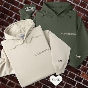 Personalized Roman Numeral Sweatshirt, Custom Valentines Day Hoodie With Initials On Sleeve, Matching Couple Outfit, Anniversary Date Gifts