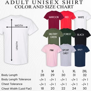The image is a color and size chart for adult unisex t-shirts. It displays various t-shirt designs with their corresponding width, length, chest tolerance, and chest width. The chart provides a visual representation of the different sizes available for each design, allowing customers to easily choose the most suitable size for their needs.