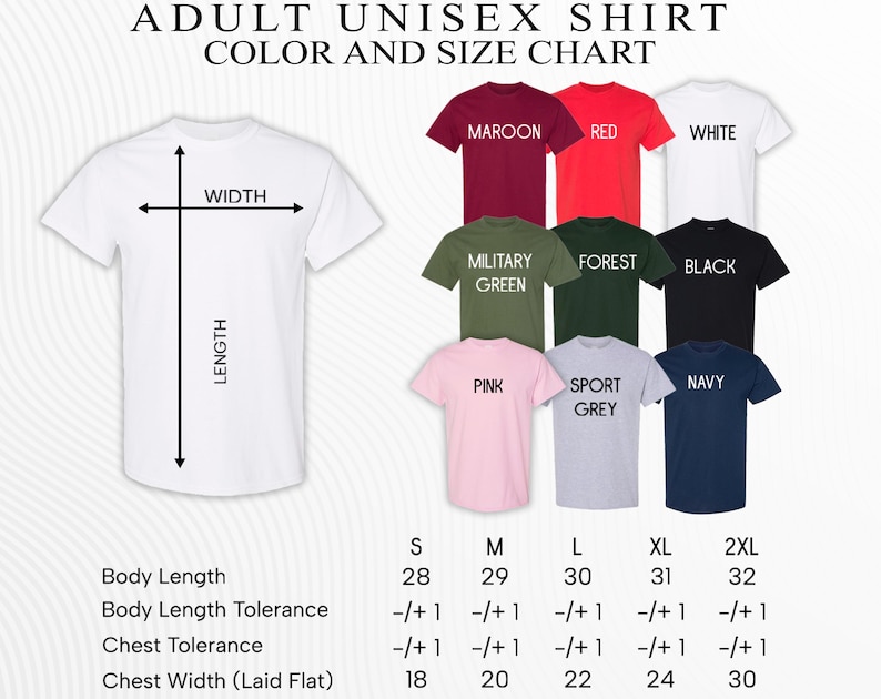 The image is a color and size chart for adult unisex t-shirts. It displays various t-shirt designs with their corresponding width, length, chest tolerance, and chest width. The chart provides a visual representation of the different sizes available for each design, allowing customers to easily choose the most suitable size for their needs.