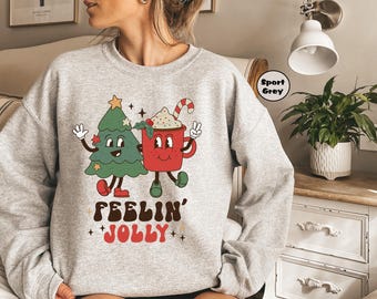 Feelin' Jolly Sweatshirts, Merry Christmas Hoodie, Cozy Winter Outfit, Retro Christmas Tree Clothing, Family Xmas Sweatshirt, Holiday Gifts