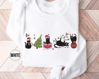 Christmas Black Cat Sweatshirt, Black Kitten Meowy Christmas Hoodie, Cat Mom Xmas Family Holiday Outfit, Cute Merry Christmas Cat Lover Gift