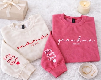 Custom Embroidered Mama Sweatshirt With Children Names And Date, Mothers Day Gifts Personalized Embroidered Nana Hoodie, Mama To Be Outfit