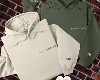 Personalized Roman Numeral Sweatshirt, Custom Valentines Day Hoodie With Initials On Sleeve, Matching Couple Outfit, Anniversary Date Gifts