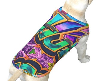 Wildstyle Graffiti Dog Shirt, Big Dog Tank Top, Large Canine Vest, Cadeau voor hondverjaardag, Doggy Outfit, Trendy huisdierkleding, Paars Groen