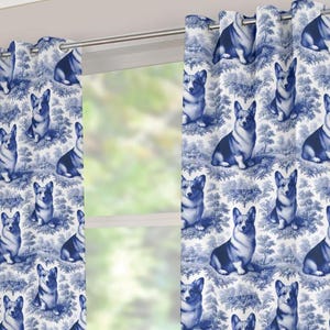 Pembroke Welsh Corgi Toile de Jouy Blue Dog Blackout Curtains Floral Victorian Heavyweight Opaque Drapes, Grommets Farmhouse Shades Panels