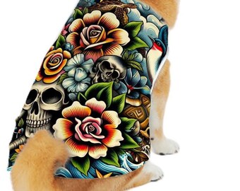 花柄タトゥー入りコットン犬用シャツ、ペットアパレル、小型犬、大型犬