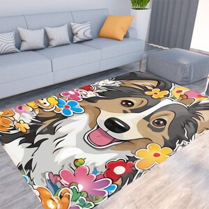 Floral Collie, Felt Floor Mat ,Dog Custom Breed, Dog Home Decor, Thick Mat for Dog, Dog Gift, Modern,Designer, Contemporary, Emoji Cartoon
