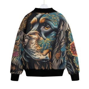 May include: Black bomber jacket with a colorful graphic print of a dog's face. The print features blue, green, yellow, and orange colors.