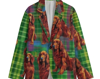 Irish Setter Green Plaid Dog Blazer, Tartan Windowpane Blazer de algodón para hombre, Abrigo deportivo, Chaqueta para fumar, Chaqueta de cena, Tallas grandes, Diseñador