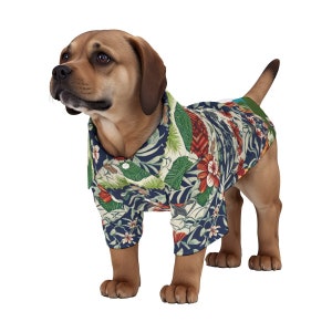May include: A brown and tan dog wearing a blue and green Hawaiian shirt with a floral pattern.