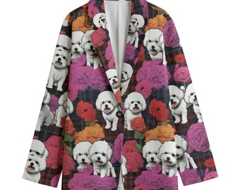 Floral Bichon Frisé Dog Blazer, Women's Cotton Blazer, Suit Jacket, Pastoral Rococo Sport Coat, Plus Sizes, Designer Luxury, Event Jacket