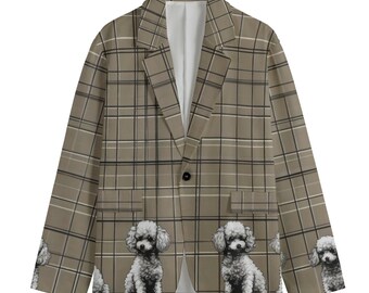 Windowpane Plaid Poodle Dog Blazer, Men's Cotton Blazer, Sport Coat, Smoking Jacket, Dinner Jacket, Plus Sizes, Designer Luxury, Gray Brown