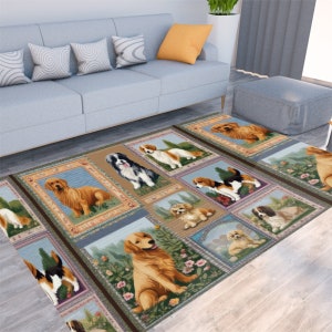 May include: A multi-colored rug with a patchwork design featuring various breeds of dogs. The rug has a light blue background with brown, beige, and green accents. The dogs are depicted in a realistic style and are surrounded by flowers and foliage.