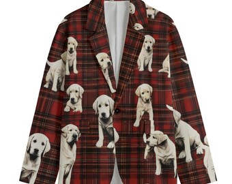 Tartan Plaid Puppy Labrador Retriever Dog Blazer, Men's Cotton Blazer, Sport Coat, Smoking Jacket,Dinner Jacket, Plus Sizes, Designer Luxury