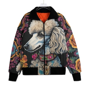 Poodle Japanese Tattoo Dog Bomber Jacket ,Floral Custom Dog Coat,Festival Gift Unisex Streetwear Knitted Fleece, Custom Breed, Biker MC