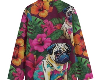 Pug Dogs Hawaiian Dog Blazer, Men's Cotton Blazer, Sport Coat, Smoking Jacket, Dinner Jacket, Plus Sizes, Designer Luxury, Tropical Vibrant