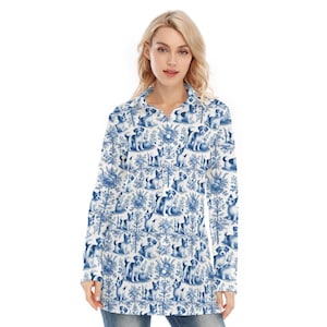 Jack Russell Terrier Dog Toile de Juny Cotton Long Sleeve Shirt Couture Blouse, Button Up Women&#39;s Long Top Tunic Shacket Victorian Floral