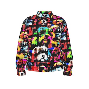 Psychedelic Cavadoodle Dog Cotton Jacket, Plaid Unisex Lightweight Jean Jacket, Urban Streetwear, Handcrafted Artisan,Neon Pop Art, Gift