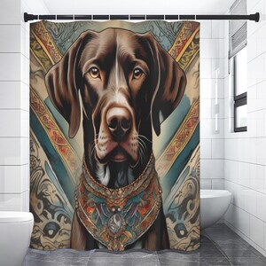 May include: A brown and white dog with a colourful bandana around its neck. The dog is looking directly at the camera. The background is a colourful abstract design.