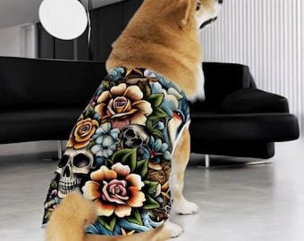 花柄タトゥー入りコットン犬用シャツ、ペットアパレル、小型犬、大型犬
