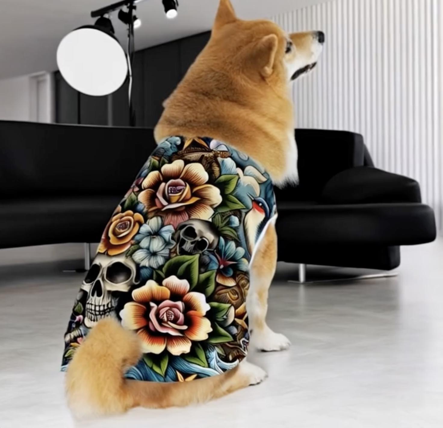 花柄タトゥーコットン犬用シャツ、ペットアパレル、小型犬、大型犬