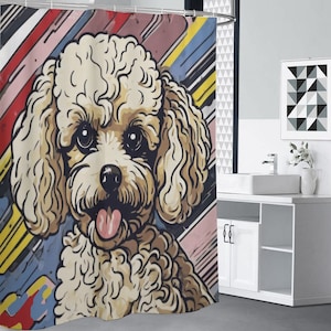 Poodle Dog Shower Curtain, Custom Dog Breed Shower Curtain, Toy Poodle Home Decor,Pop Art, Comic, Cartoon Heavyweight Opaque Waterproof
