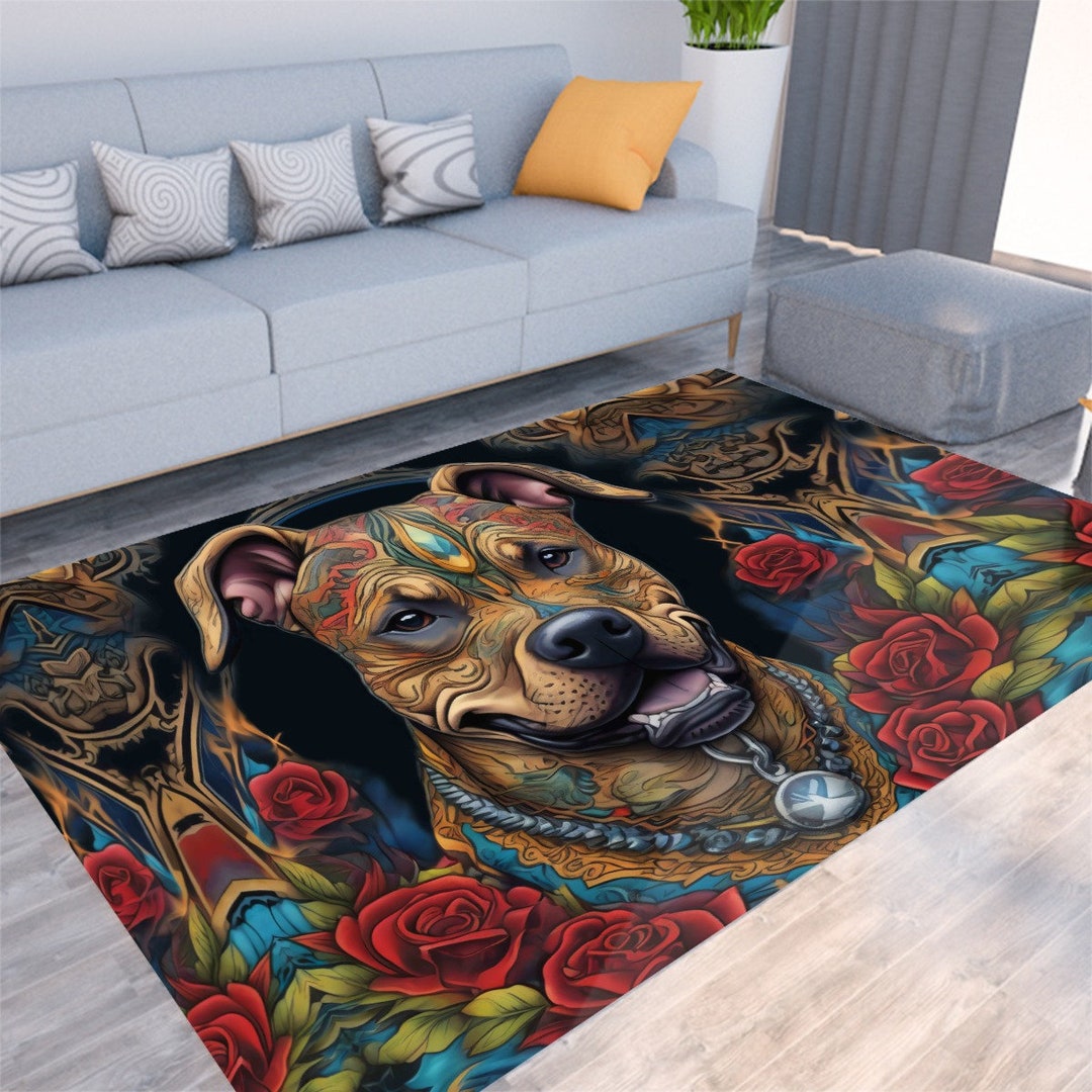 Tattoo Pit Bull Terrier, Dog Mat, Pet Rug, Floral ,felt Floor Mat ...